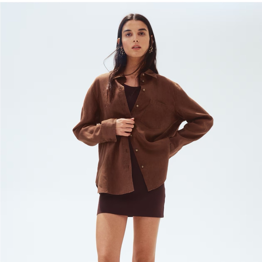 H&M 100% Linen Brown Button-Up Shirt
